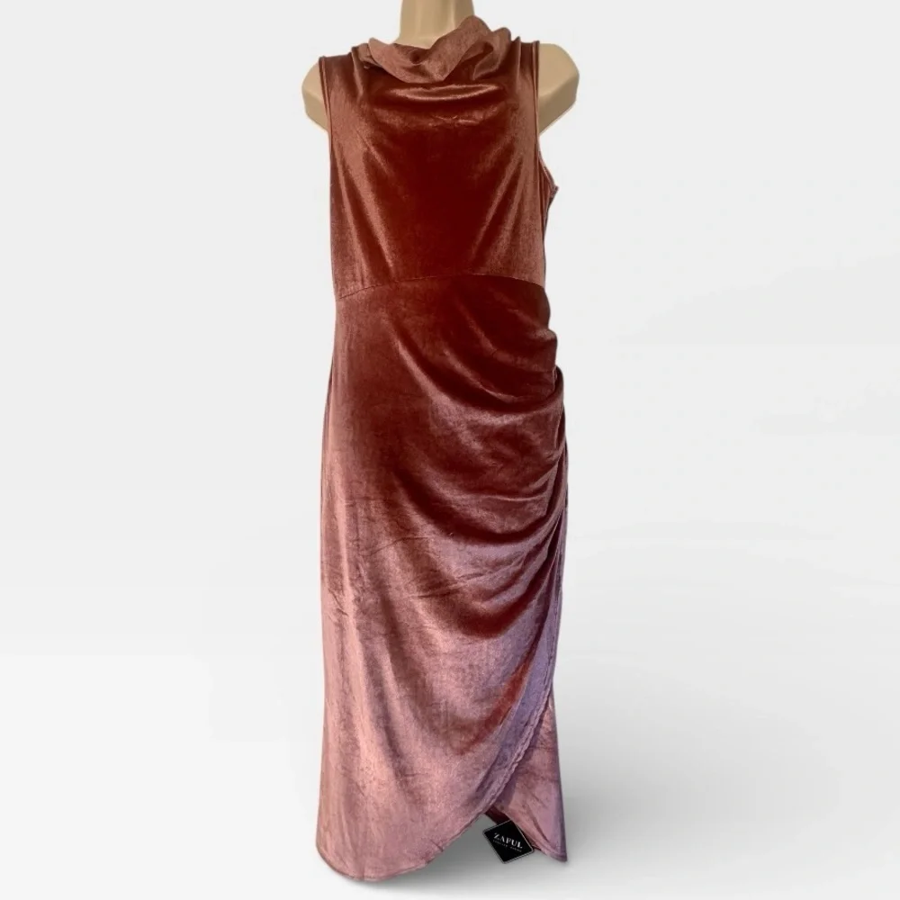 Zaful Women’s Velvet Cocktail Dress Cowl Neck Bodycon Ruched Dark Pink Small - Picture 3 of 9